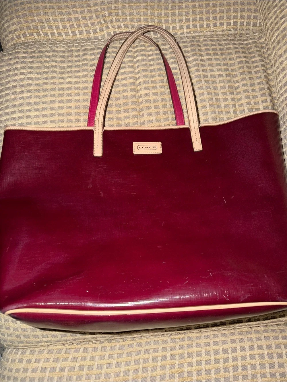 Coach Burgundy Patent Tote with Beige Trim